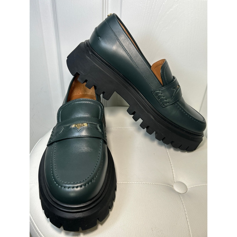 Maje Platform Penny Loafers 9.5 Green Leather Lug Sole Chunky Heel Portugal‎